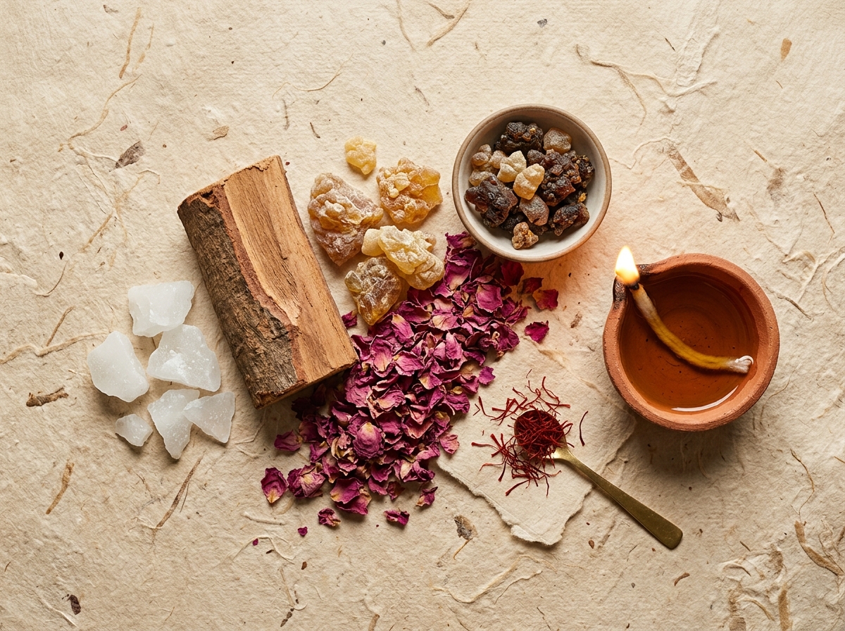 Pure Ayurvedic ingredients: Sandalwood, Loban resin, Damask rose petals and brass diya