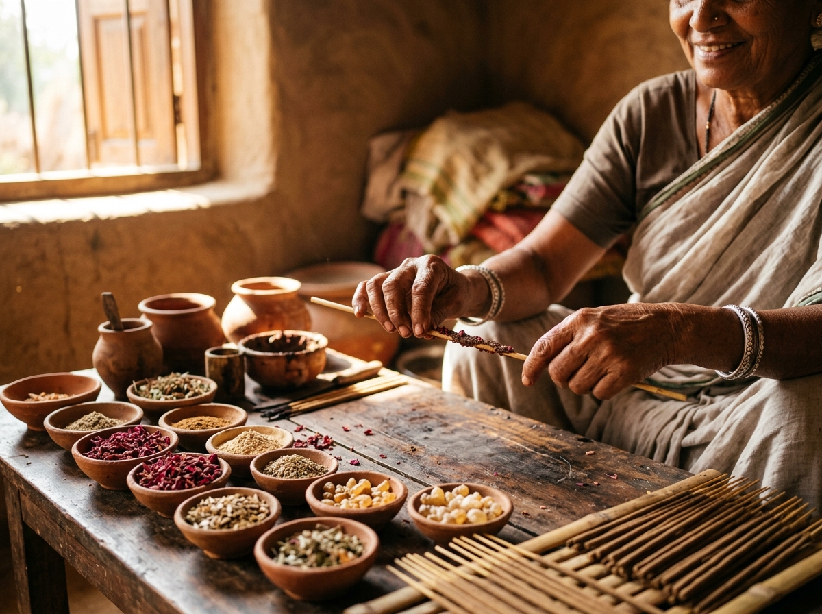 Indian craftswoman hand-rolling botanical incense in traditional workshop