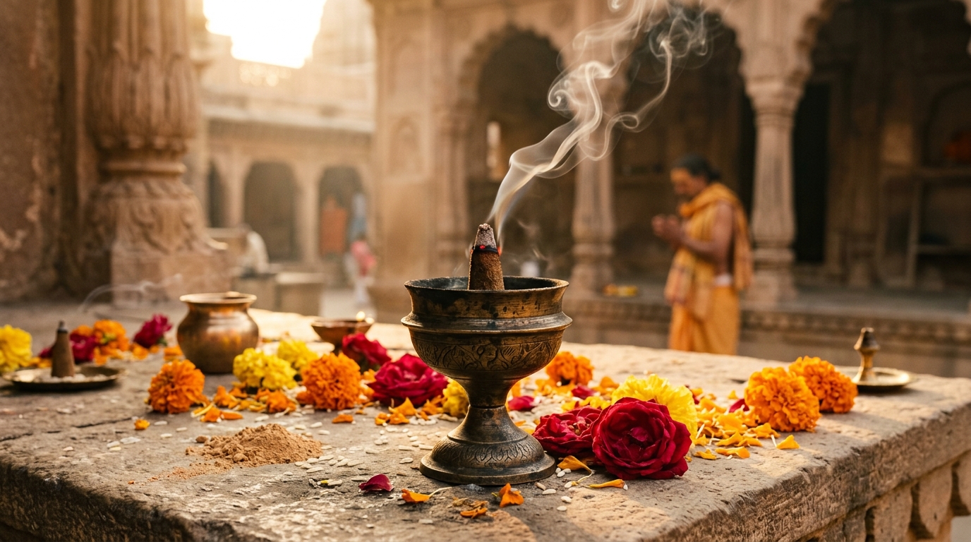 Sacred Indian morning incense rituals with brass burner and fresh marigolds